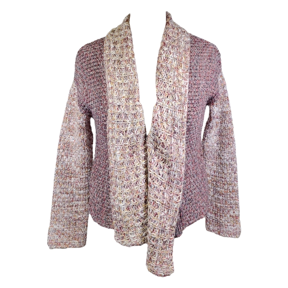 ANTHROPOLOGIE MOTH cardigan sweater red ivory chunky metallic MEDIUM wool blend